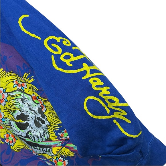 ED HARDY ROYAL BLUE BLONDE HAIR FLOWERS SKULL TATTOO SWEATSHIRT HOODIE SWEATER - Picture 6 of 8